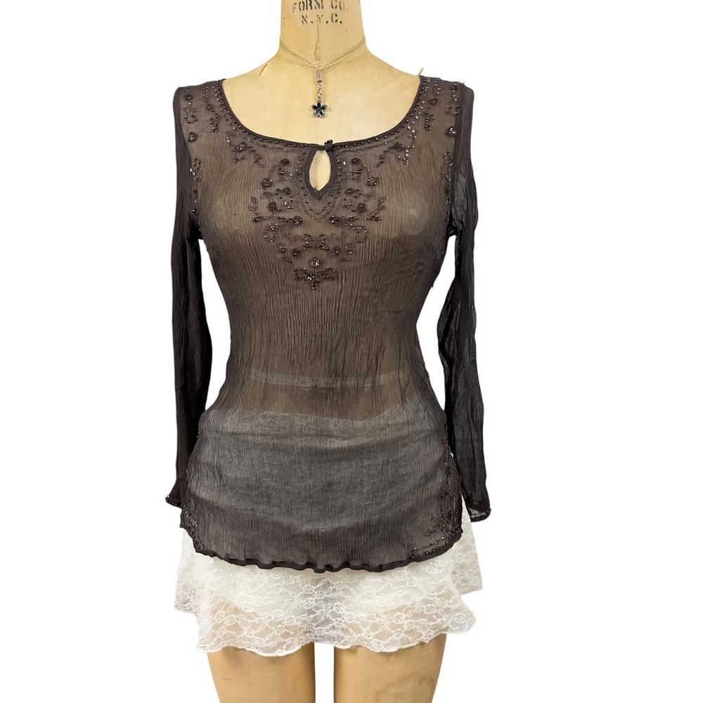 90s Brown Sheer Crinkle Silk Top Beaded Keyhole Side Slits Whimsigoth Size S
